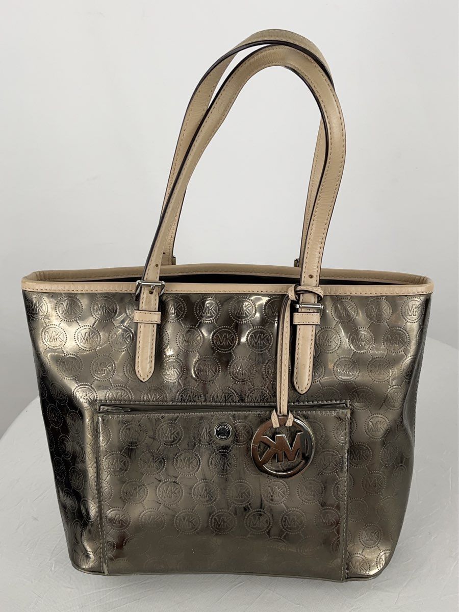 Michael Kors Women's Jet Set Medium MK Snap Pocket Tote Chrome Tan
