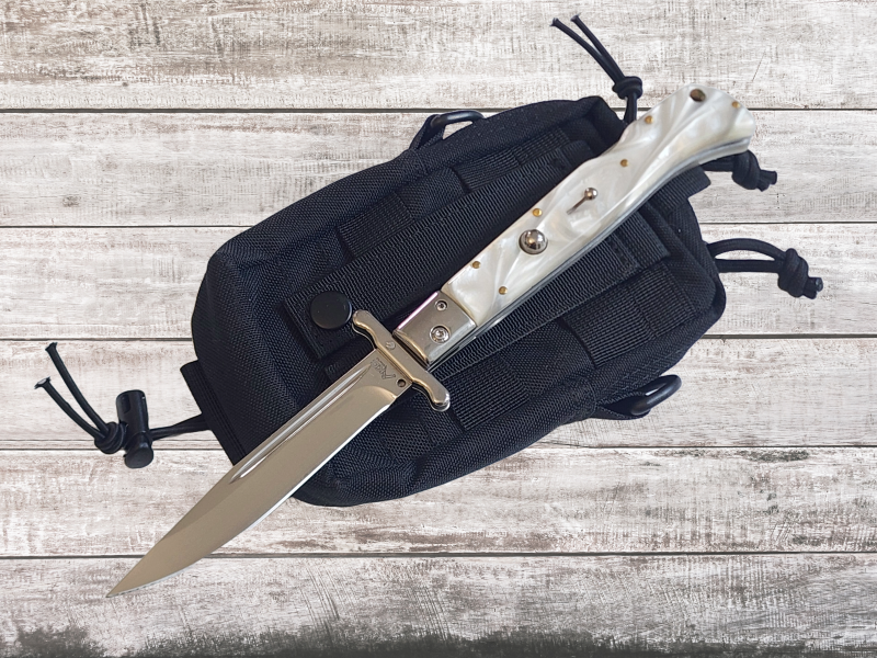 AKC 11 Italian Roma Swinguard Automatic Knife - White Pearlex (4.62 Polished)