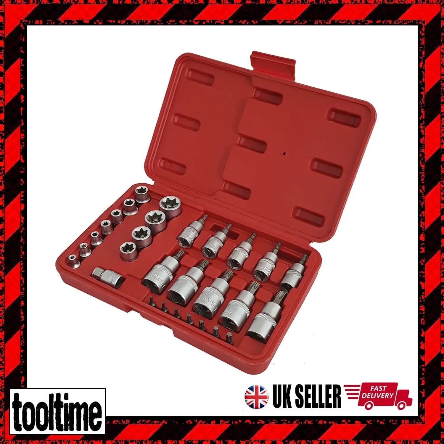 29Pc Torx Star Sockets & Bit Set Female E-Torx Crv Bits 1/4 3/8 & 1/2
