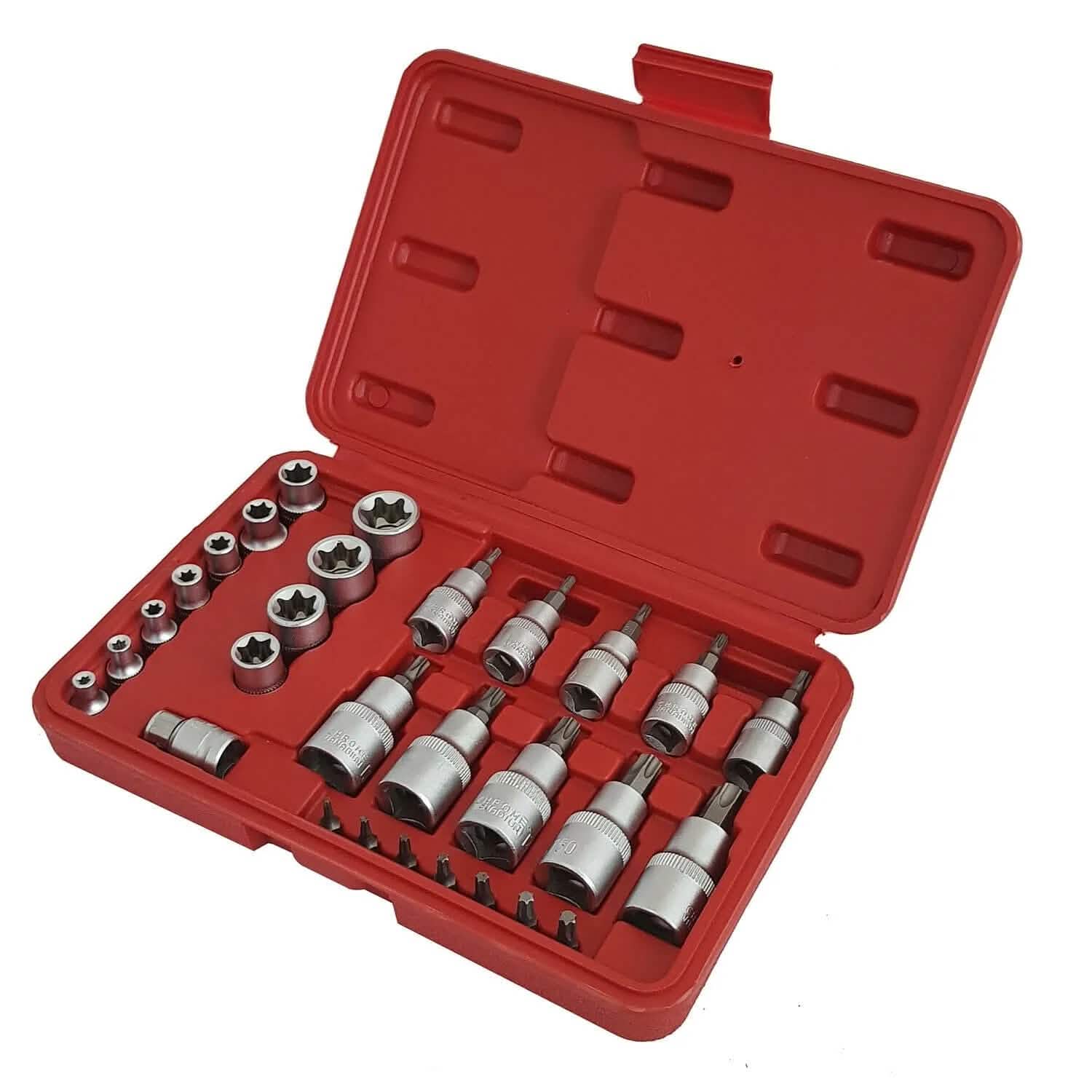 29Pc Torx Star Sockets & Bit Set Female E-Torx Crv Bits 1/4 3/8 & 1/2