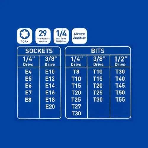 29Pc Torx Star Sockets & Bit Set Female E-Torx Crv Bits 1/4 3/8 & 1/2